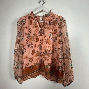 Joie Womens Pink Floral Long Sleeve Ruffle Trim Peasant Blouse Small Lightweight